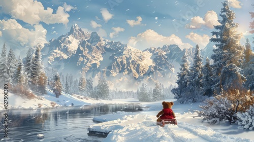 Amidst the winter wonderland, a child sits on a sled with a beloved teddy bear, soaking in the beauty of the snow-capped mountains, a scene of Christmas celebration and joy.
