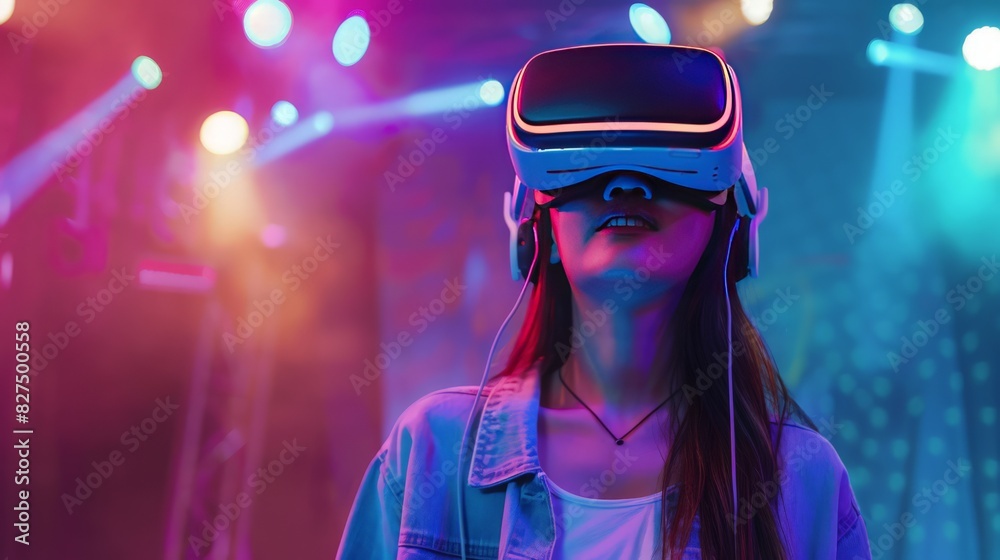 An attractive Asian woman, dressed casually, uses VR goggles to watch a live-streaming concert, fully immersed in the vibrant virtual reality show. An attractive Asian woman, dressed casually, uses VR goggles to watch a live-streaming concert, fully immersed in the vibrant virtual reality show.