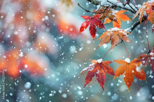 Vibrant autumn leaves dusted with fresh snow, a blend of seasons