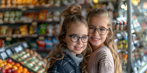 Two cheerful young girls wearing glasses shopping together in a store. Concept Shopping, Friends, Eyeglasses, Happiness, Retail