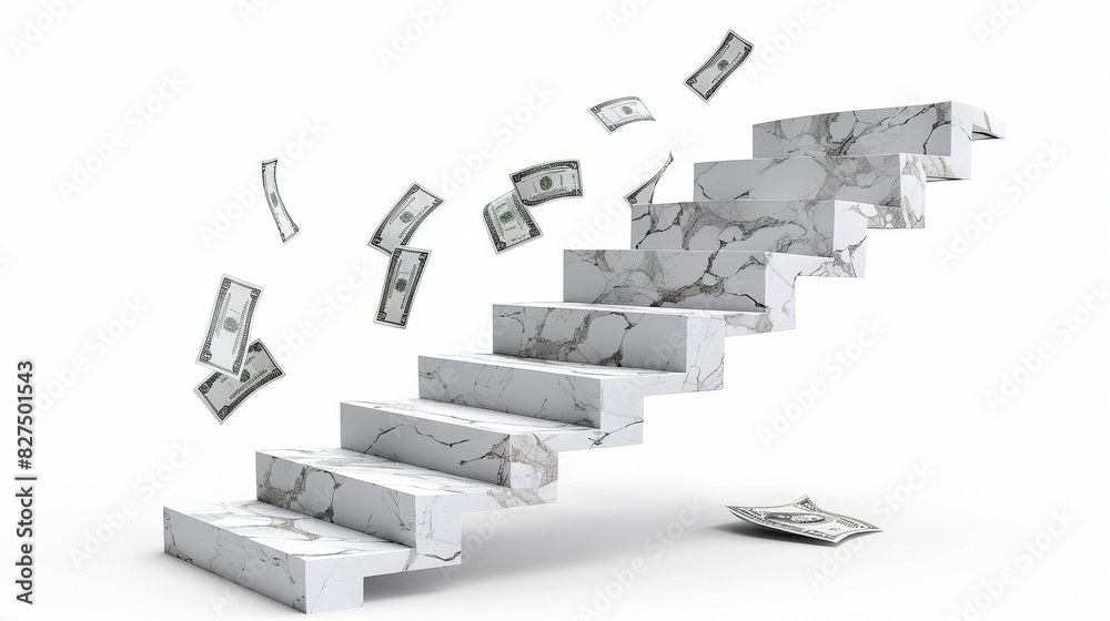 Elegant marble staircase with collapsing steps, torn banknotes falling down, isolated on white background, copy space Elegant marble staircase with collapsing steps, torn banknotes falling down, isolated on white background, copy space