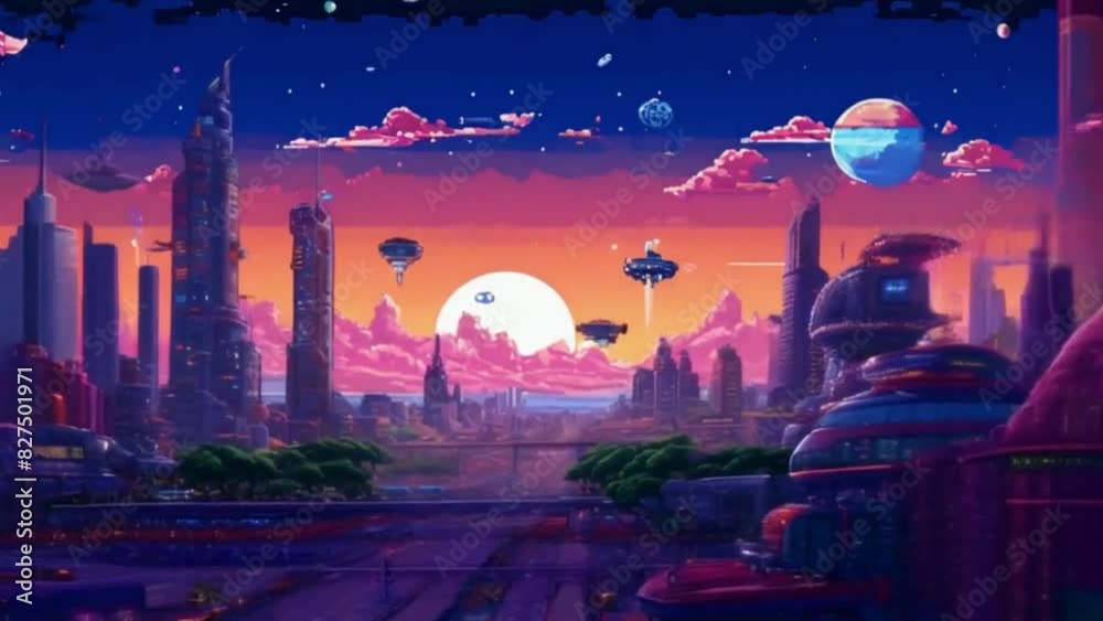 An animation depicting the growth of a space colony over time, from initial landing to a bustling metropolis, all in detailed pixel art
