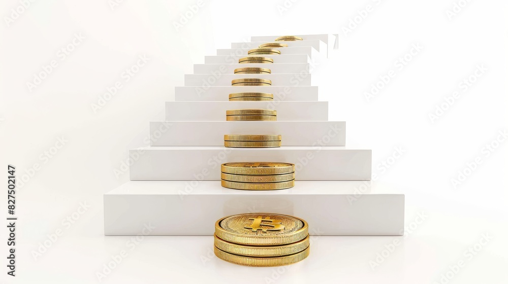 Obraz premium Luxurious staircase with each step rising, gold coins placed on each step, isolated on white background, copy space