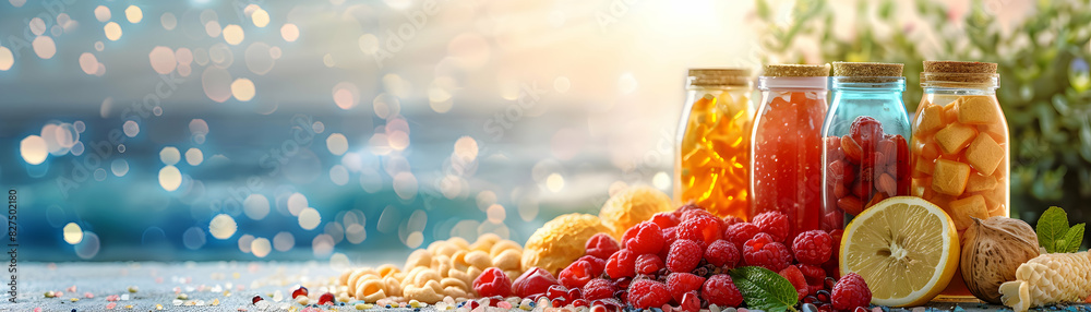Photo realistic as Healthy snacks for the beach concept: High resolution image of refreshing and convenient seaside snacking options against a glossy backdrop Photo realistic as Healthy snacks for the beach concept: High resolution image of refreshing and convenient seaside snacking options against a glossy backdrop