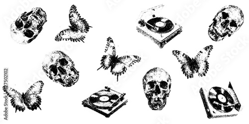 monochrome vector skull butterfly and vinyl player in mezzotint photocopy effect, for grunge punk y2k collage design. retro elements. brutalist vintage illustration music poster.