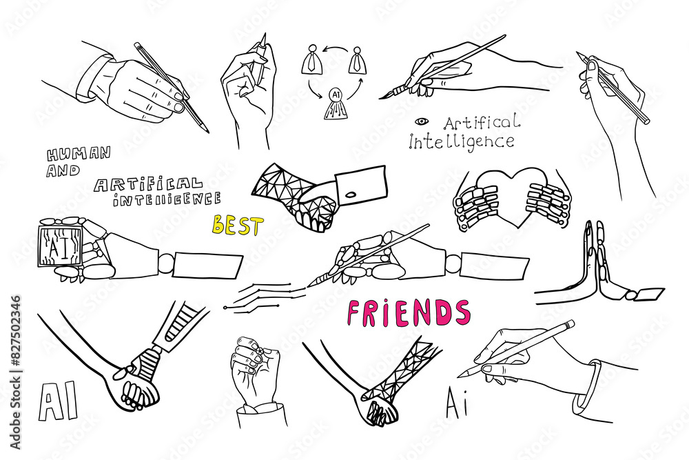 Large set of human and artificial intelligence friendship icons. Neural network icons. Robot hand. Hand with pencil and pen. Study, education, deep learning, machine learning. Hand drawn. Doodle style