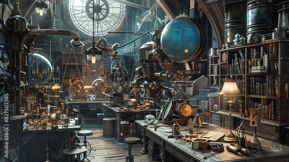 cluttered workshop with steampunk gadgets and gizmos