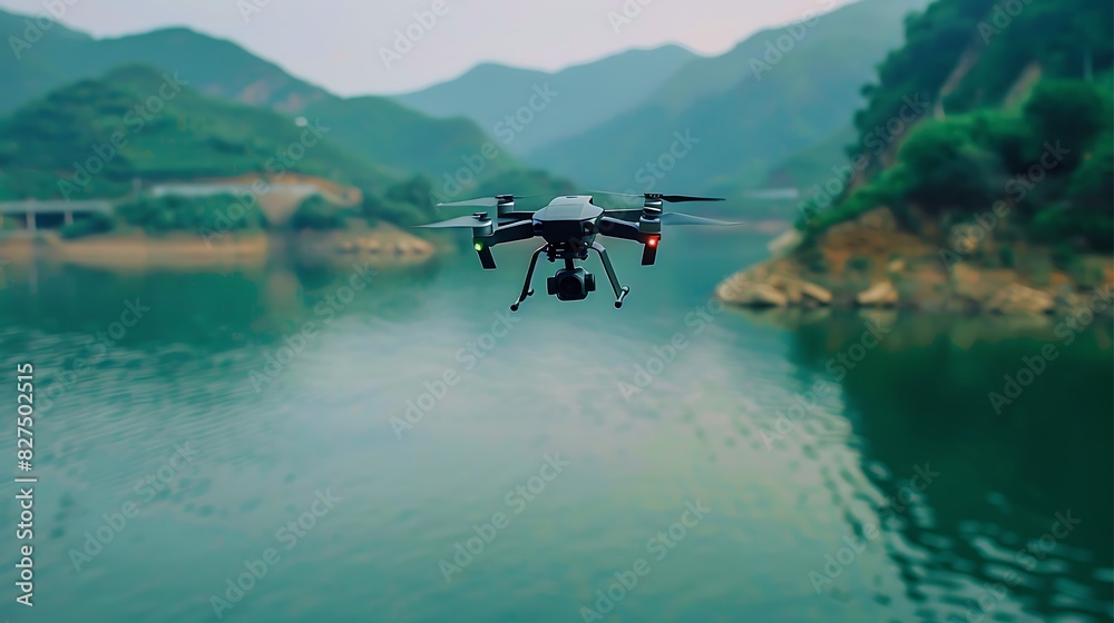 Fototapeta premium Monitoring drones flying over water for the environment