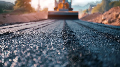 Close-up of fresh asphalt being laid on a new road during construction with machinery in the background.