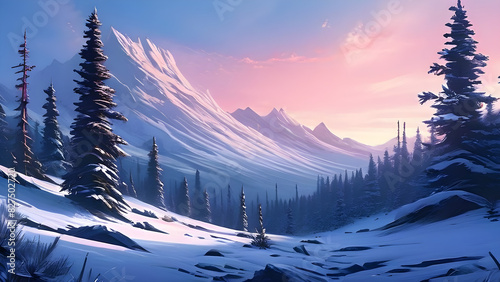 A snowy mountain landscape with pine trees, a clear blue sky, and gently falling snow.  © ch3r3d4r4f43l