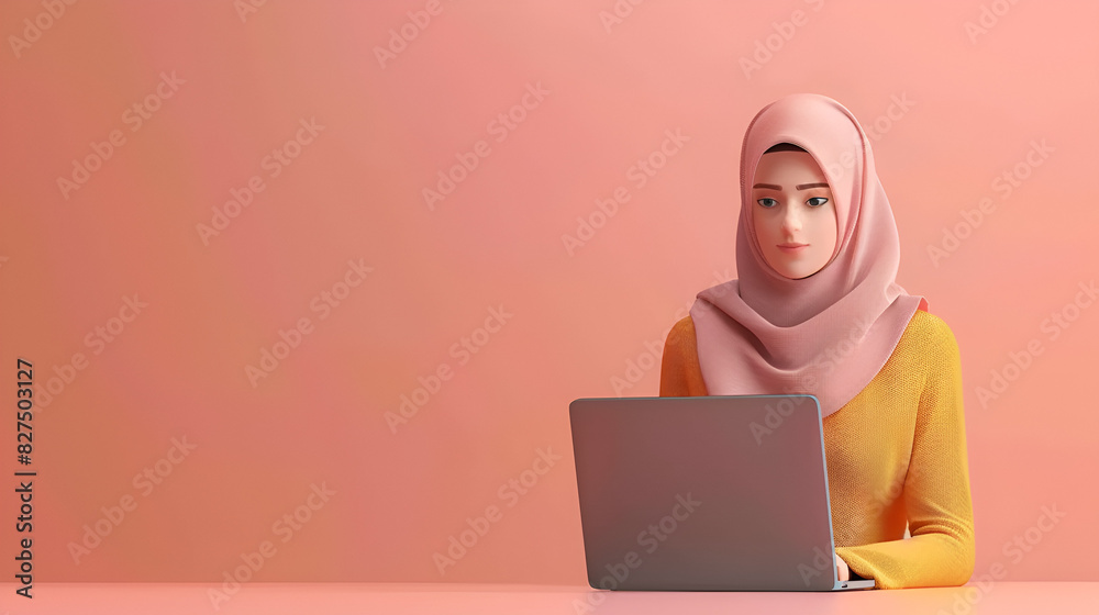 3d Muslim woman character in hijab working on a laptop, generative Ai 3d Muslim woman character in hijab working on a laptop, generative Ai