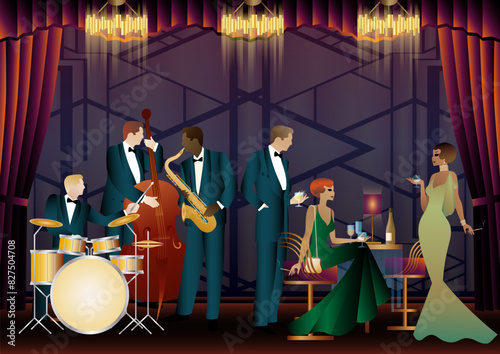 Jazz musicians in a restaurant, cafe or bar. Double bass, saxophone, drum. Musicians play musical instruments