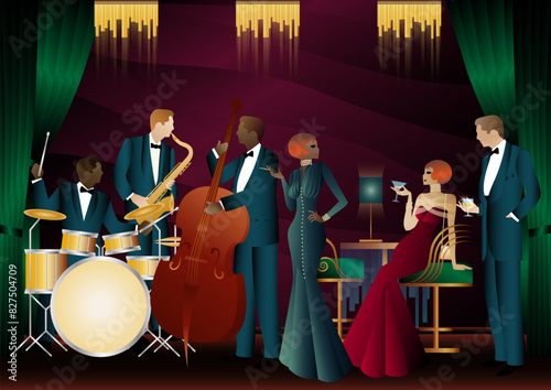 Jazz musicians in a restaurant, cafe or bar. Double bass, saxophone, drum. Musicians play musical instruments