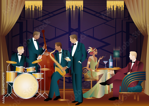 Jazz musicians in a restaurant, cafe or bar. Double bass, saxophone, drum. Musicians play musical instruments