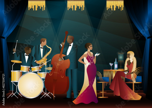Jazz musicians in a restaurant, cafe or bar. Double bass, saxophone, drum. Musicians play musical instruments