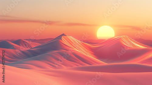 A vast desert landscape with rolling sand dunes under a setting sun