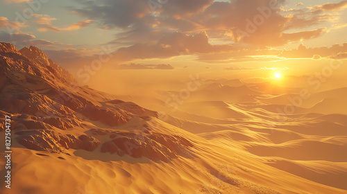 A vast desert landscape with a mountain in the foreground and a bright yellow sun in the background