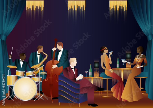 Jazz musicians in a restaurant, cafe or bar. Double bass, saxophone, drum. Musicians play musical instruments