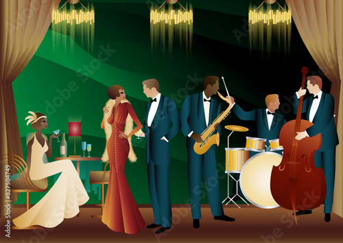 Jazz musicians in a restaurant, cafe or bar. Double bass, saxophone, drum. Musicians play musical instruments