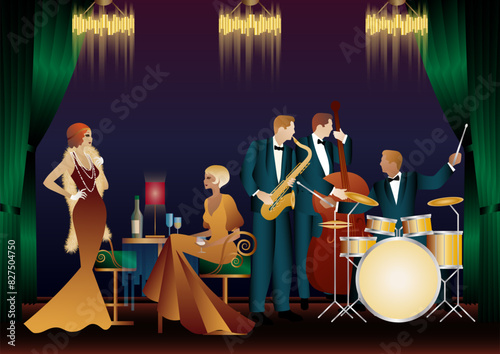 Jazz musicians in a restaurant, cafe or bar. Double bass, saxophone, drum. Musicians play musical instruments