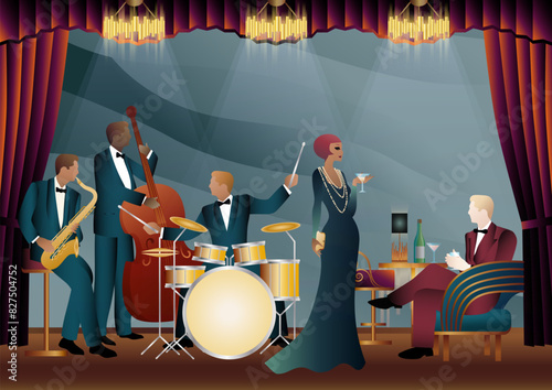 Jazz musicians in a restaurant, cafe or bar. Double bass, saxophone, drum. Musicians play musical instruments