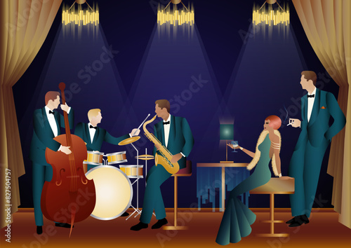 Jazz musicians in a restaurant, cafe or bar. Double bass, saxophone, drum. Musicians play musical instruments