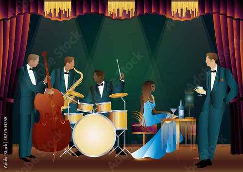 Jazz musicians in a restaurant, cafe or bar. Double bass, saxophone, drum. Musicians play musical instruments