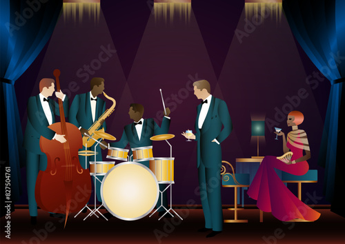 Jazz musicians in a restaurant, cafe or bar. Double bass, saxophone, drum. Musicians play musical instruments