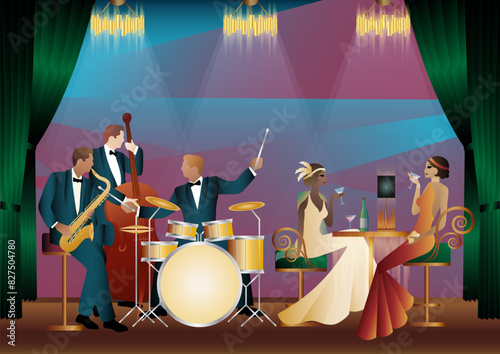 Jazz musicians in a restaurant, cafe or bar. Double bass, saxophone, drum. Musicians play musical instruments