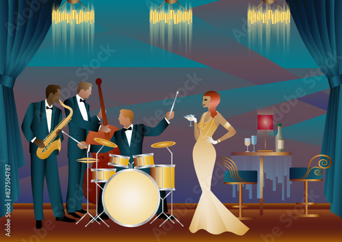 Jazz musicians in a restaurant, cafe or bar. Double bass, saxophone, drum. Musicians play musical instruments