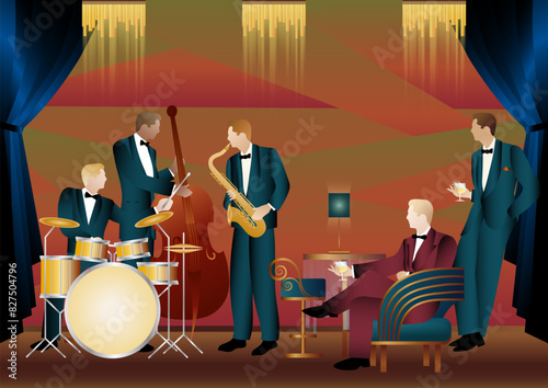 Jazz musicians in a restaurant, cafe or bar. Double bass, saxophone, drum. Musicians play musical instruments