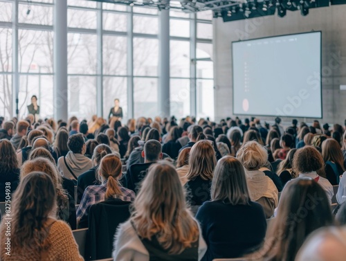 A large audience attending a conference in a modern, well-lit venue with floor-to-ceiling windows and a presentation screen.
