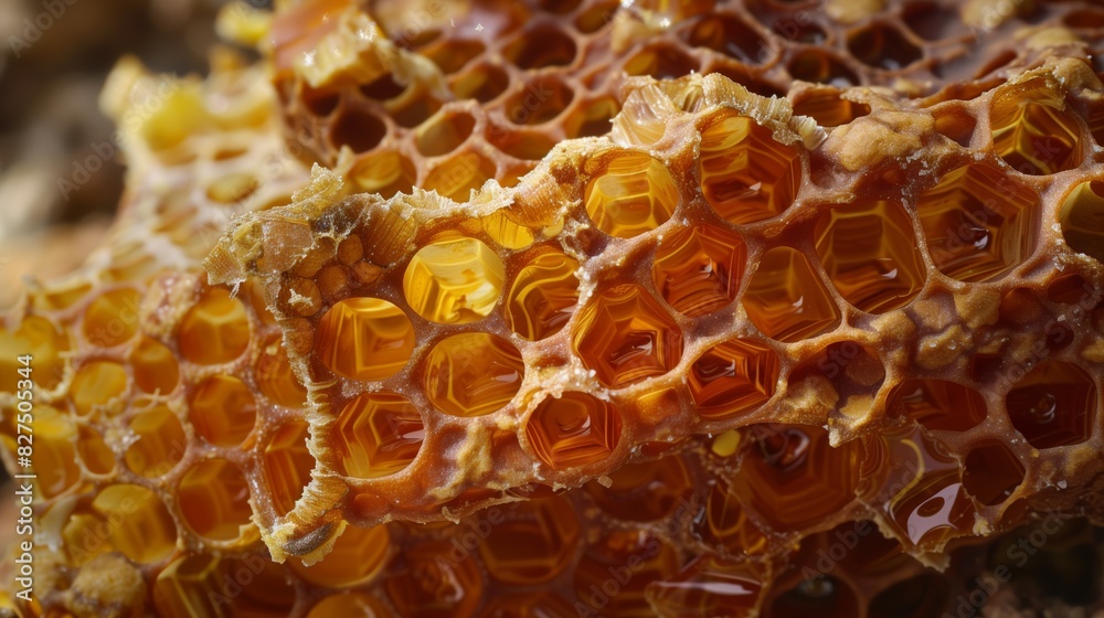 Close-up of raw bee propolis shows rich hues and rugged texture. Perfect for nature lovers and researchers.