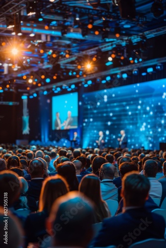 A large audience attentively watching a speaker on stage with blue lighting at a professional conference or corporate event.