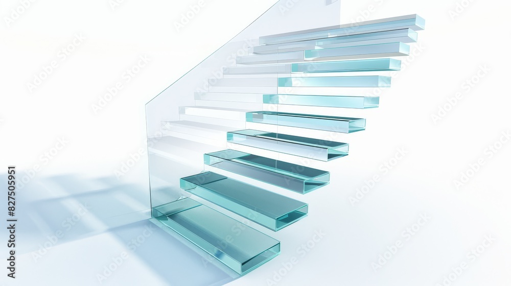 Modern glass staircase with steps collapsing, torn banknotes falling down, isolated on white background, high angle view Modern glass staircase with steps collapsing, torn banknotes falling down, isolated on white background, high angle view