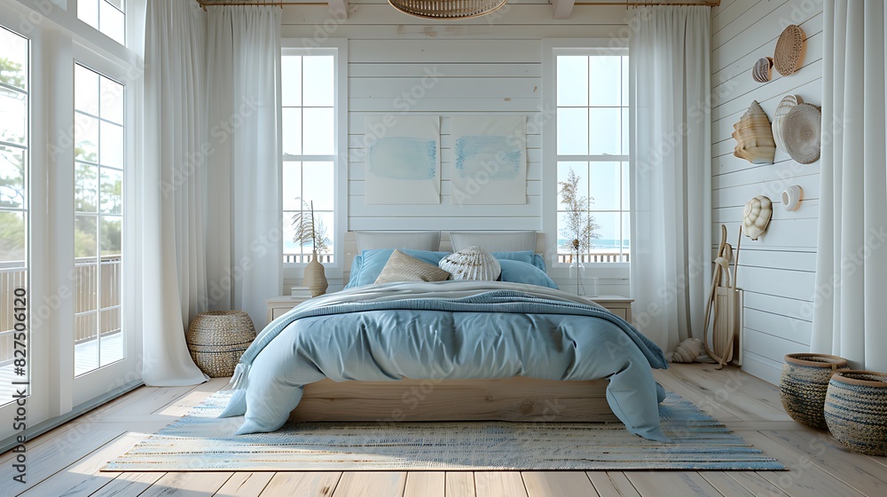 A hyper-realistic coastal beach bedroom, sandy tones, ocean blue accents, seashell and driftwood decor, white wooden bed with soft blue linens, large windows with beach views. A hyper-realistic coastal beach bedroom, sandy tones, ocean blue accents, seashell and driftwood decor, white wooden bed with soft blue linens, large windows with beach views.