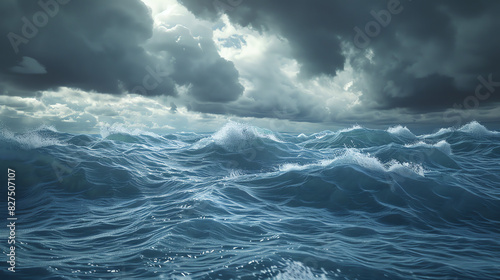 depicts a rough sea with large, choppy waves under a cloudy sky