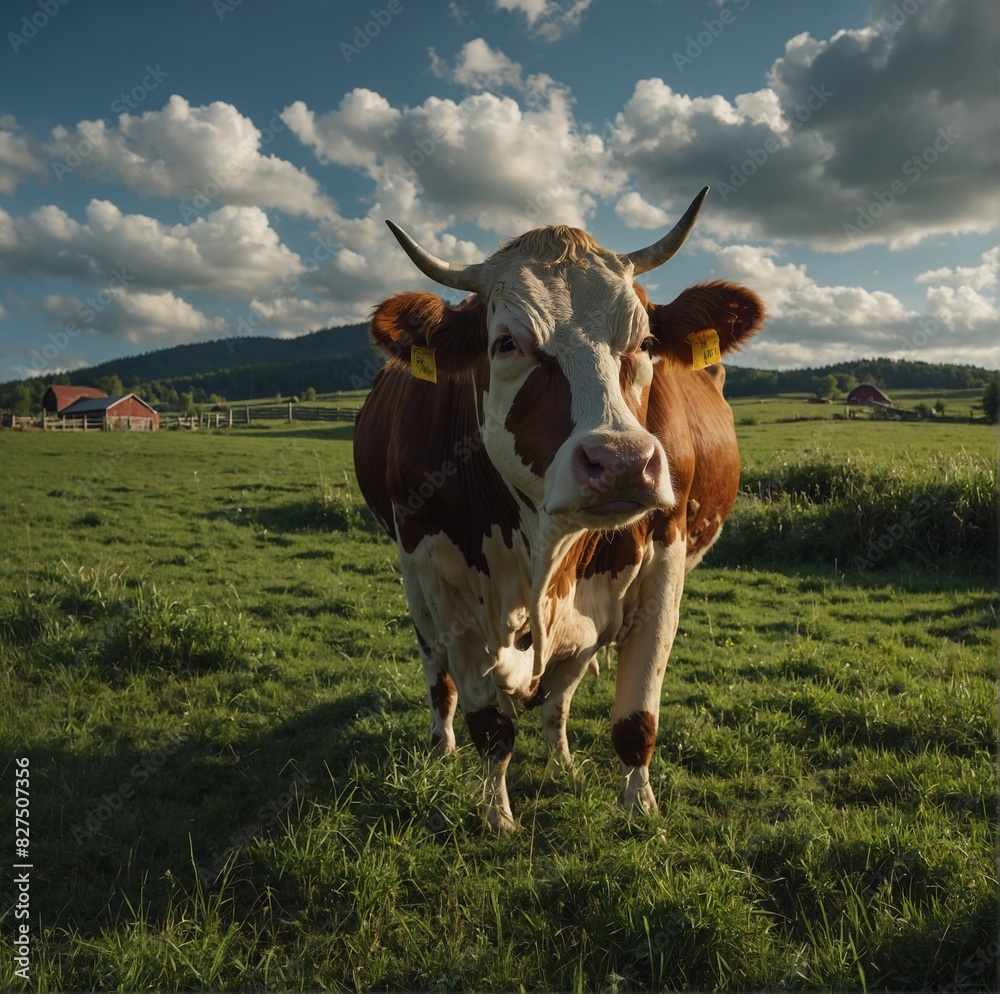 Cow in grassy field with cloudy background. Generative ai