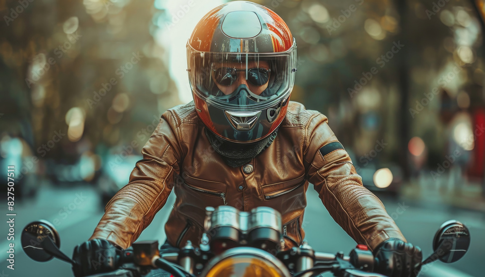 A man wearing a leather jacket and helmet is riding a motorcycle down a road by AI generated image A man wearing a leather jacket and helmet is riding a motorcycle down a road by AI generated image