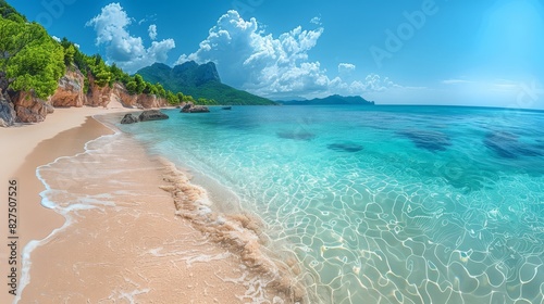 A beautiful beach with a blue ocean and a rocky cliff in the background. The water is calm and the sky is clear photo
