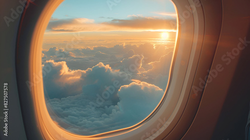 Airplane window and sky and clouds view from windOW, generative Ai