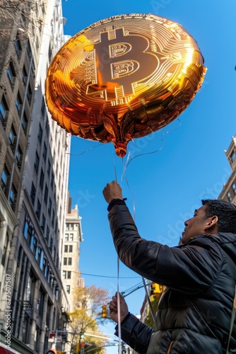 man balloon bitcoin. Selective focus photo