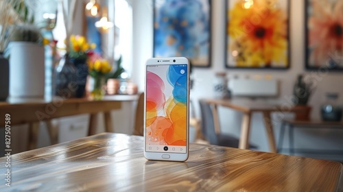 White minimalist table with a smartphone showing a perfect review score, abstract art on the wall