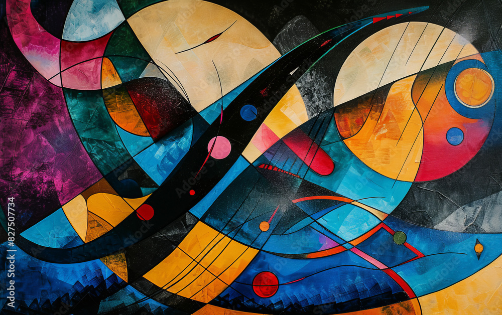 Fototapeta premium Abstract colorful geometric painting with dynamic shapes and vibrant colors, creating a visually striking and energetic composition.