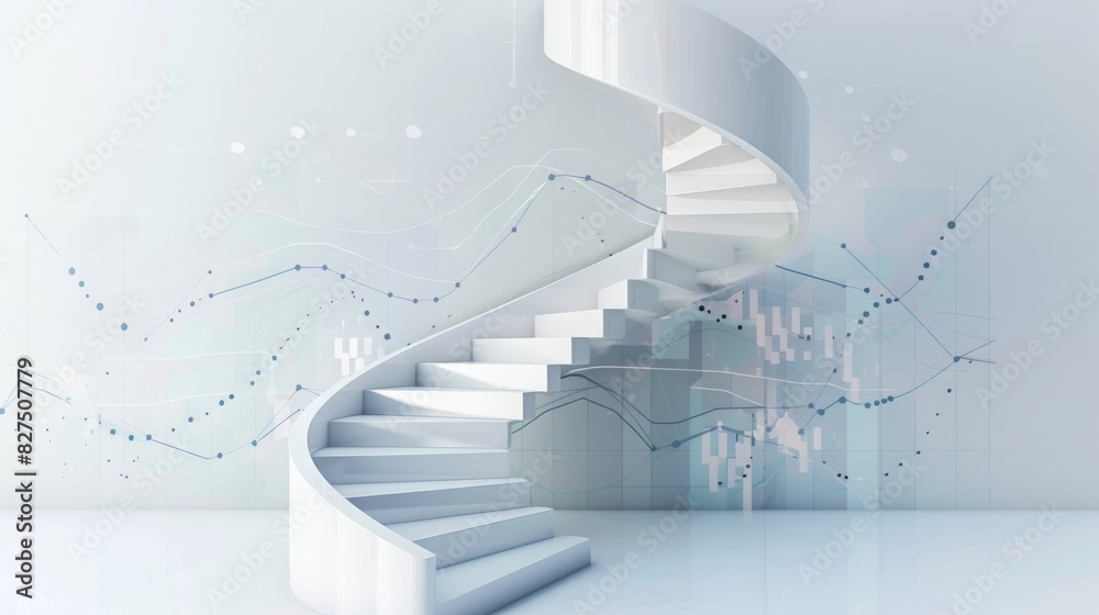Obraz premium Spiral staircase with steps rising higher, upward financial graph in the background, isolated on white background, copy space