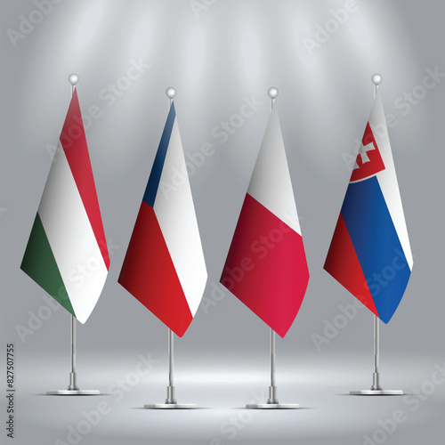 Set of Standings flags of Poland, Czechia, Slovakia, and Hungary