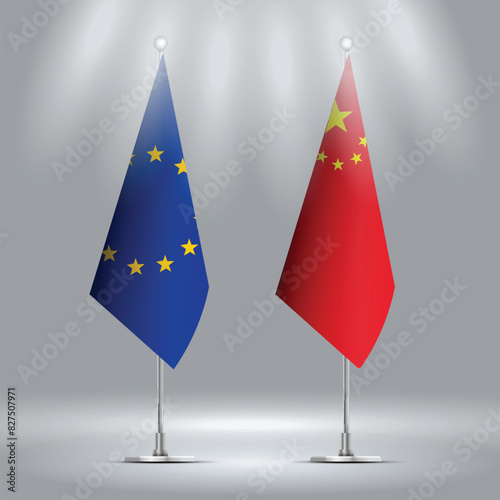 Set of Standings flags of EU and China