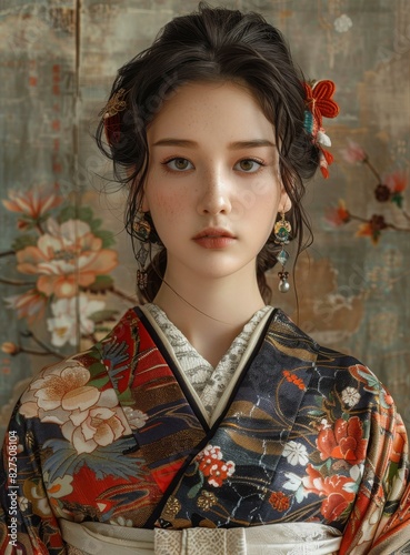 portrait of a beautiful asian woman in traditional japanese kimono