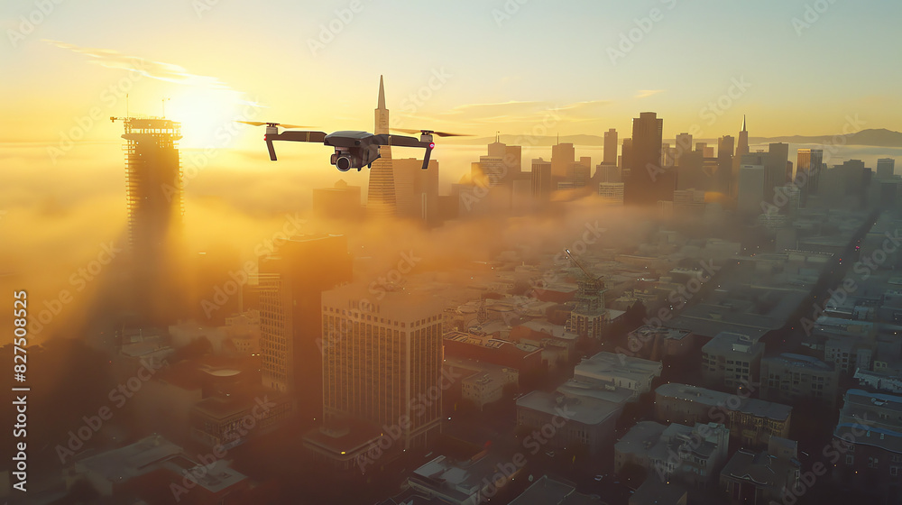 A drone is flying high above a big city during sunrise or sunset