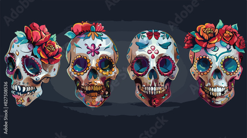 Four of traditional sugar Mexican skull. Day of the designs